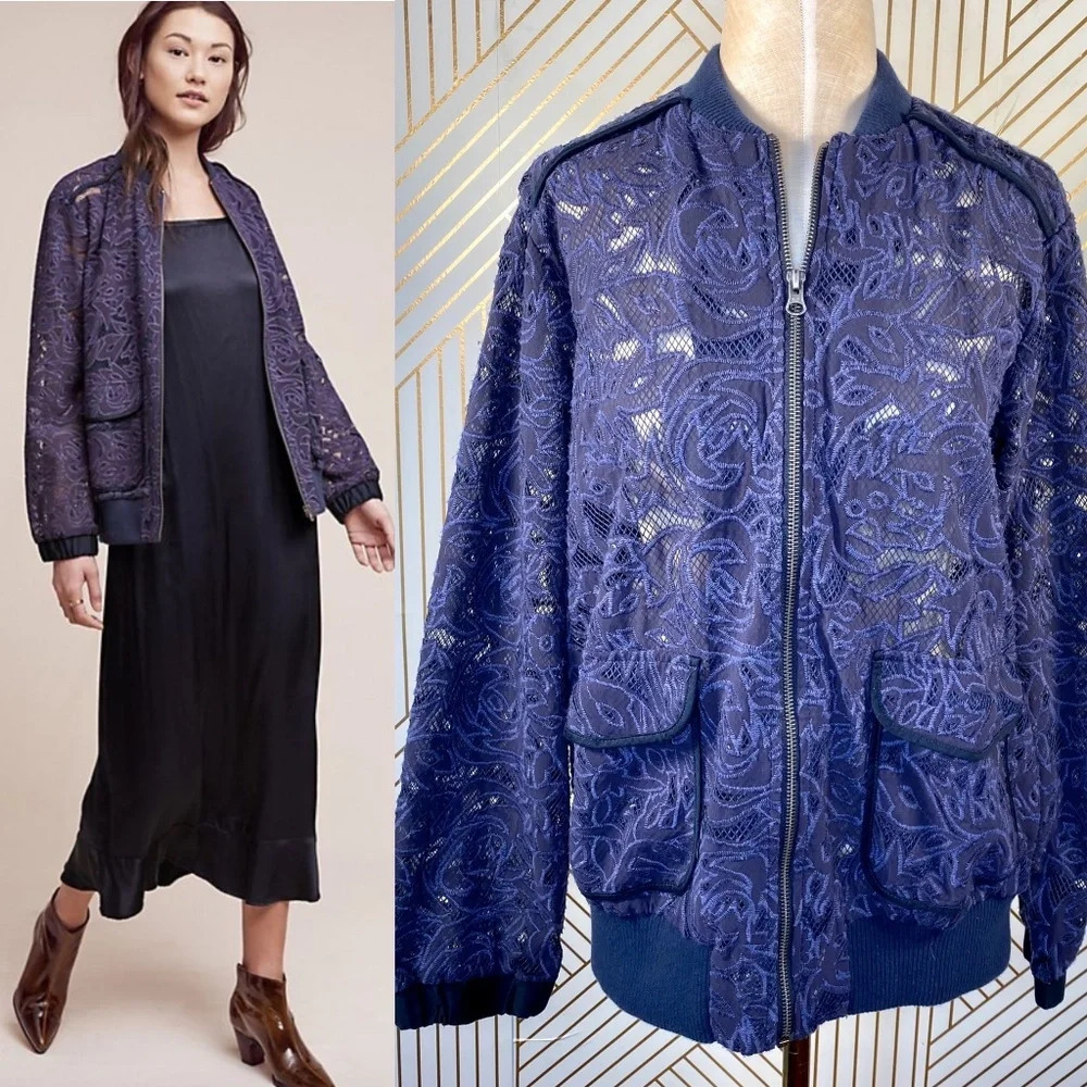 Anthropologie Elevenses Miranda Lace Bomber‎ Jacket Zip Navy Blue Size Small